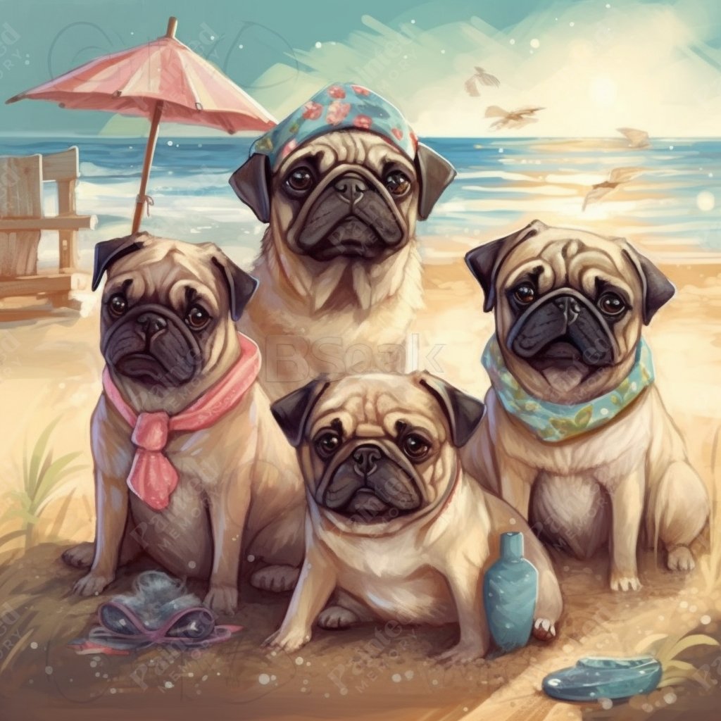 Pug Beach Party Squad - Diamond Kit - Painted Memory